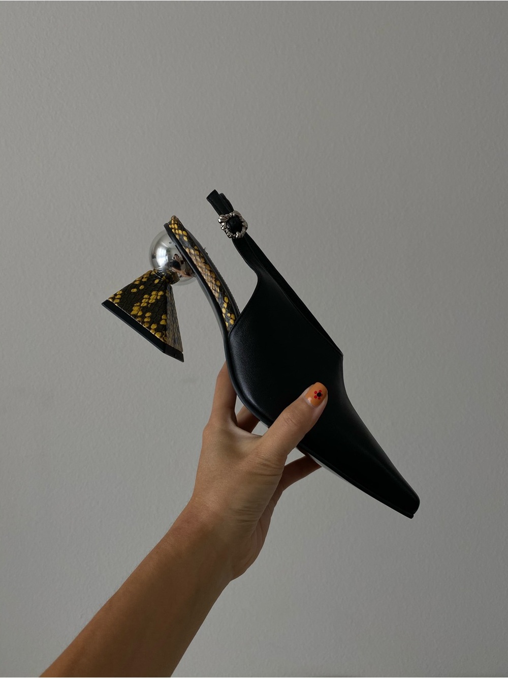Yuul Yie Black Leather Slingback Pumps with Yellow Patterned Block Heel